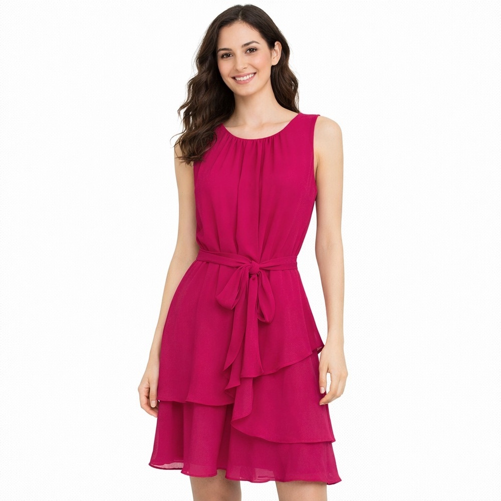 1. STATE Tiered Ruffle Tie Waist Sleeveless Dress Pink L NWT
